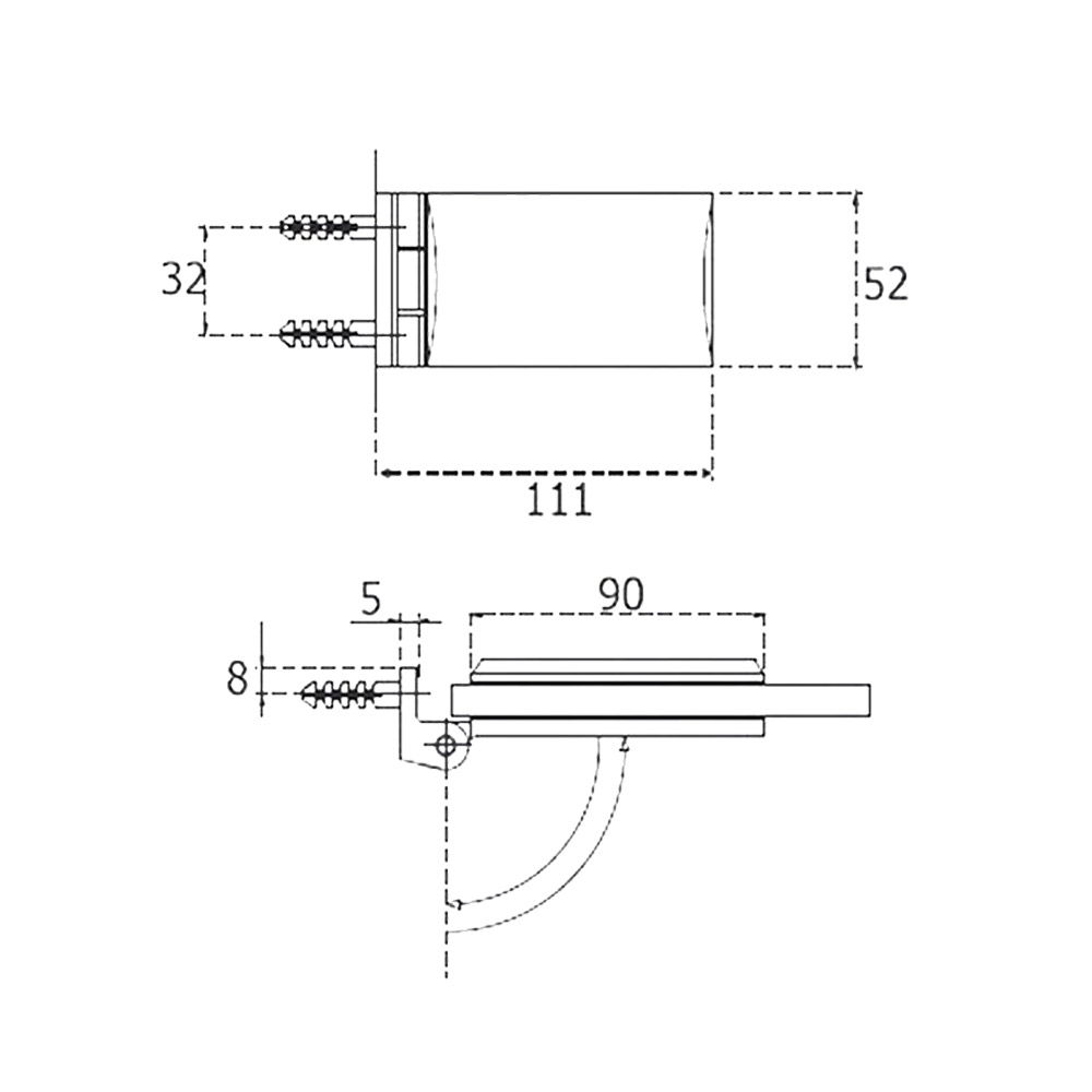 Free zamak hinge, rectangular, T-C, hole, for glass doors