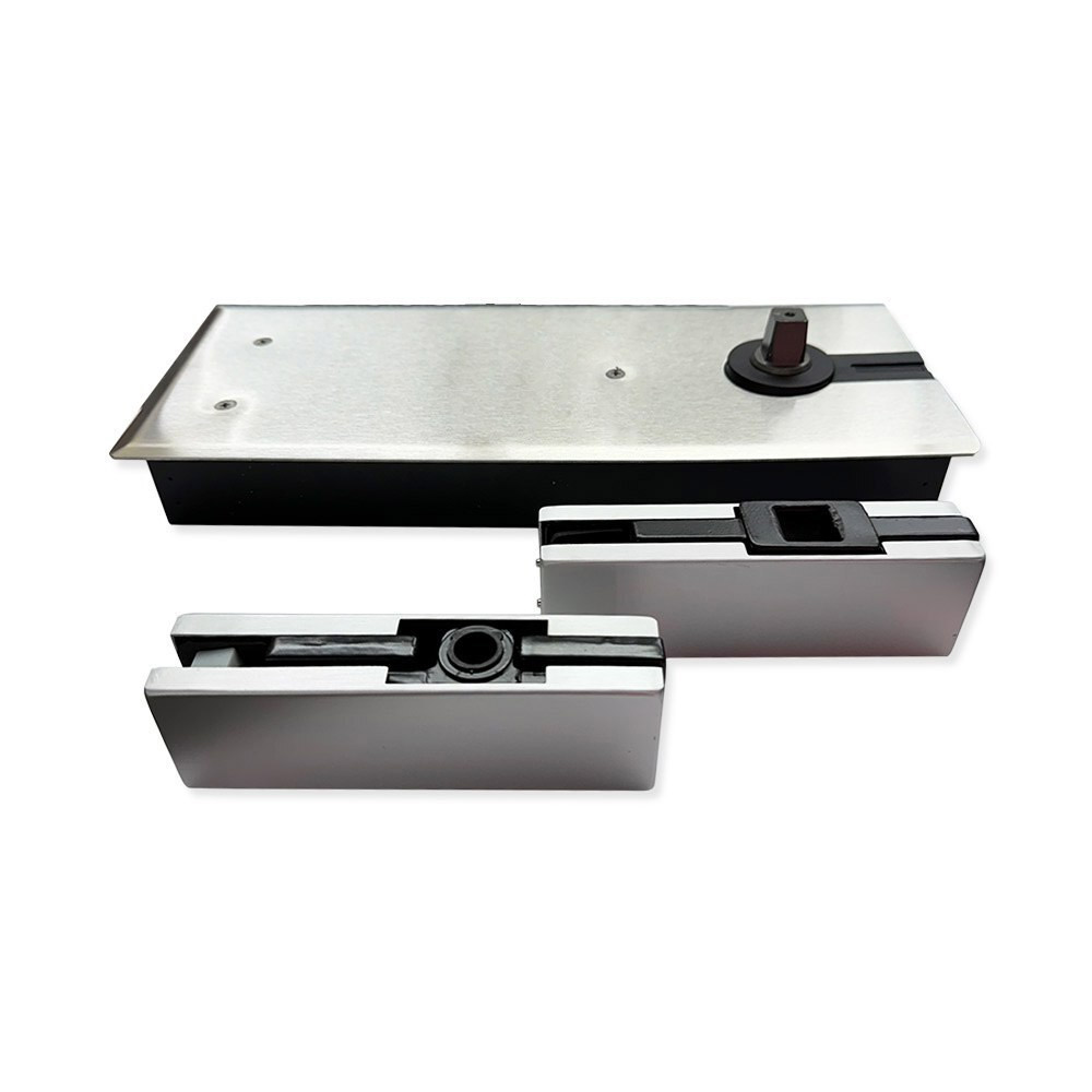 Shallow glass door floor return mechanism set with top and bottom notch hinges