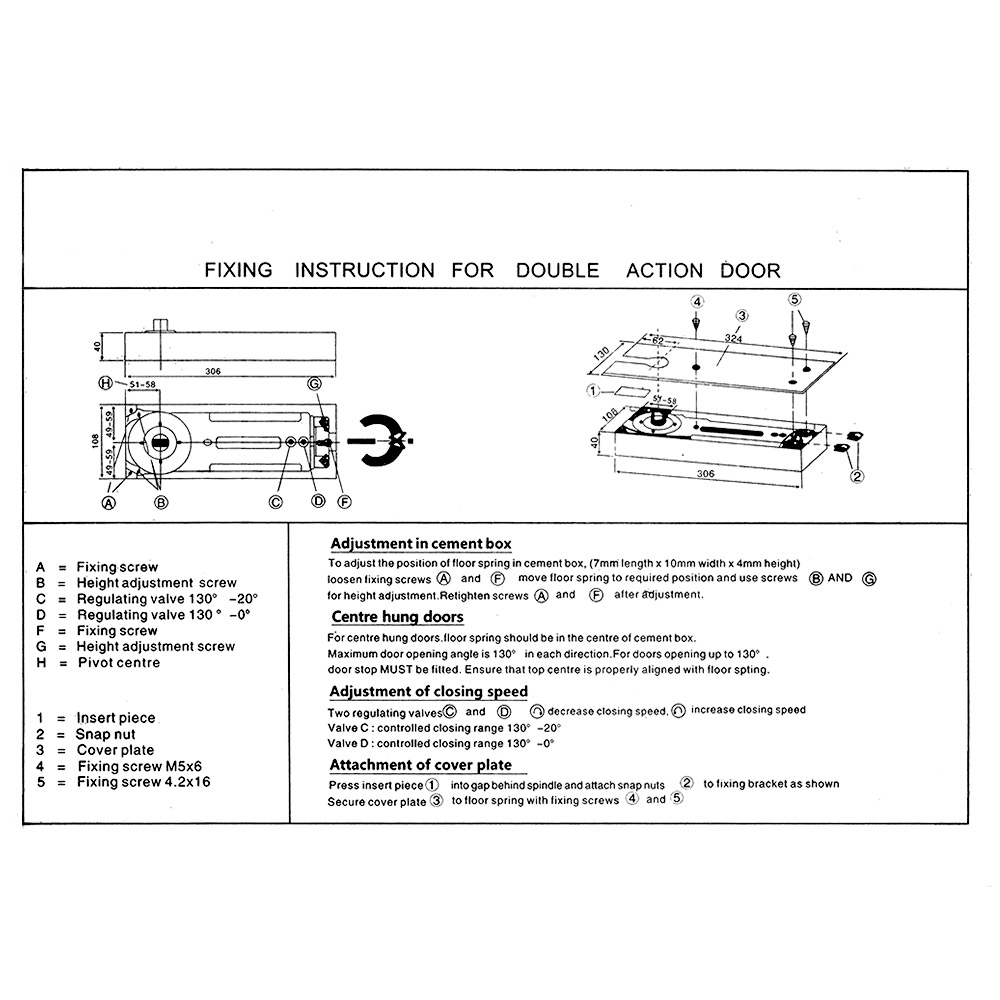 Shallow glass door floor return mechanism set with top and bottom notch hinges