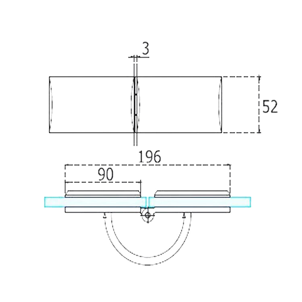 Free zamak hinge, rectangular, 180°-360° folding, Γ-Γ, hole, for glass doors