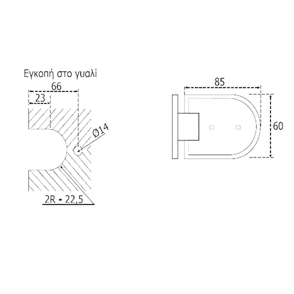 Three-position hinge with single-sided blade, T-C, slotted, inox, for glass door