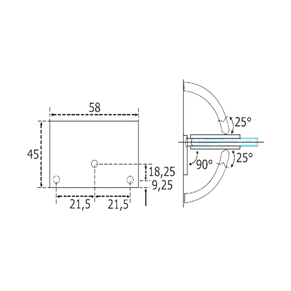 Three-position hinge with single-sided blade, T-C, slotted, inox, for glass door