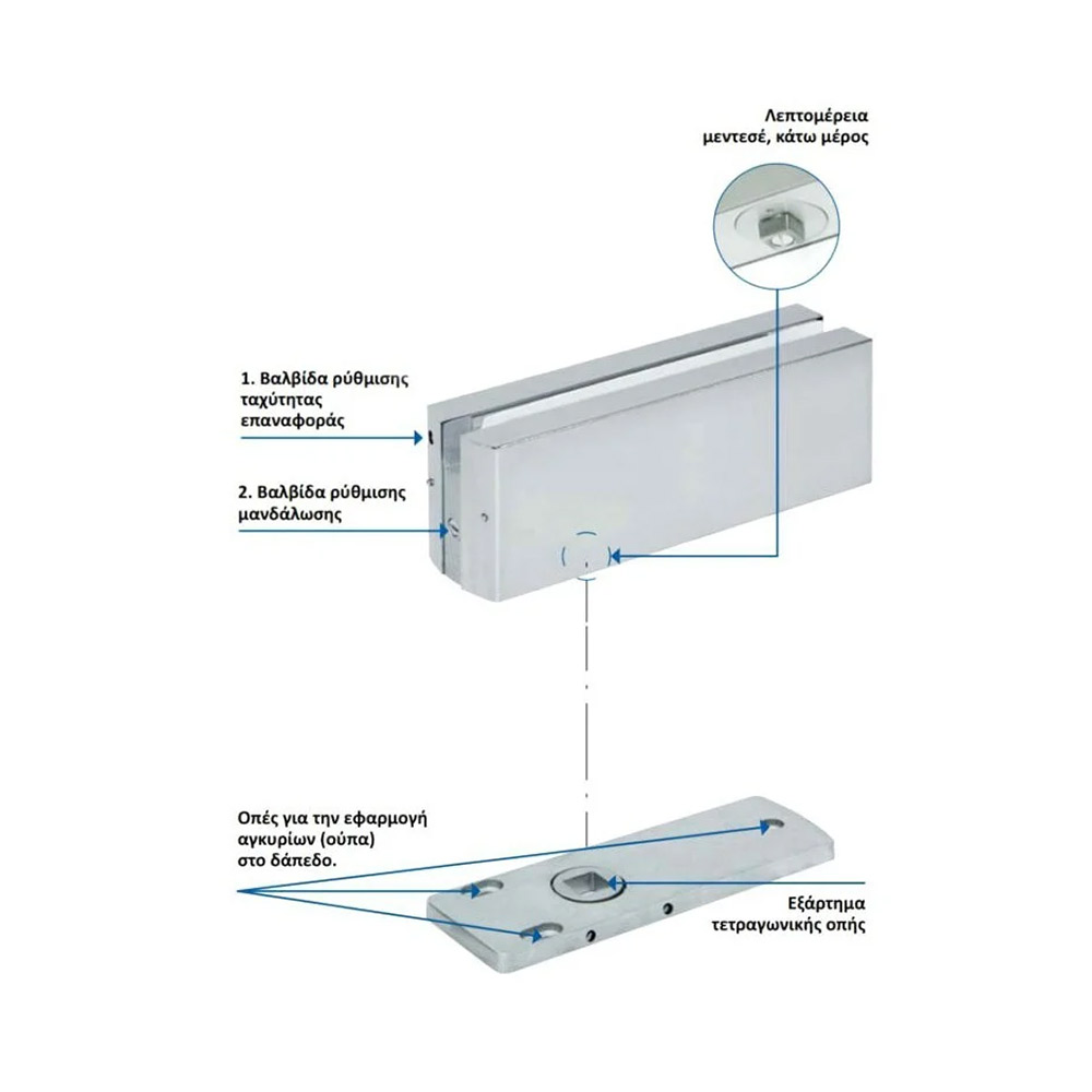 Noscavo floor hydraulic return mechanism for glass door