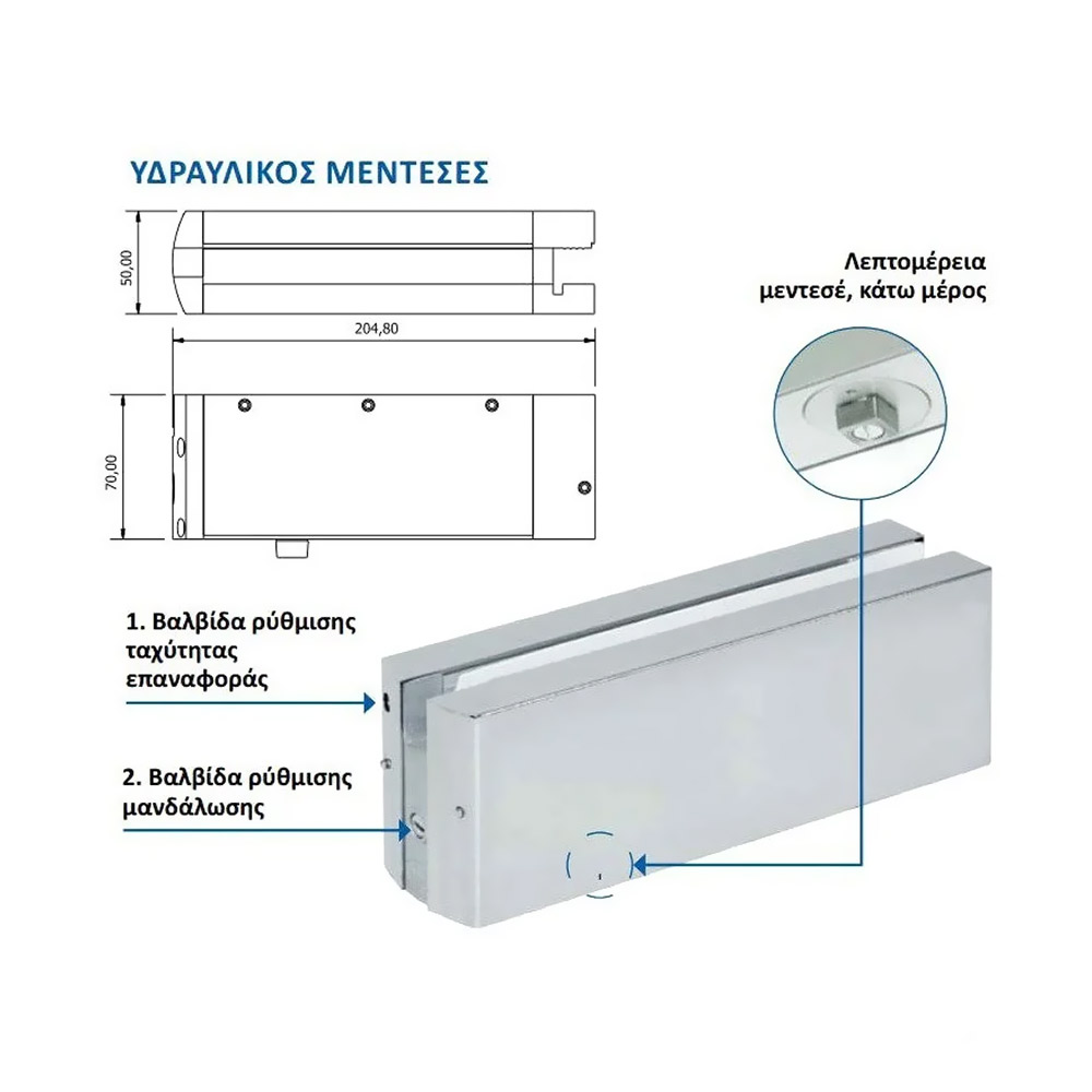 Noscavo floor hydraulic return mechanism for glass door