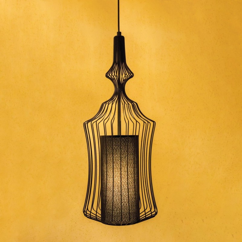 Black metallic single-light hanging lamp with fabric lampshade No3