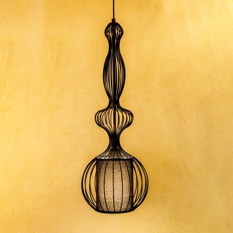 Black metallic single-light hanging lamp with fabric lampshade No1