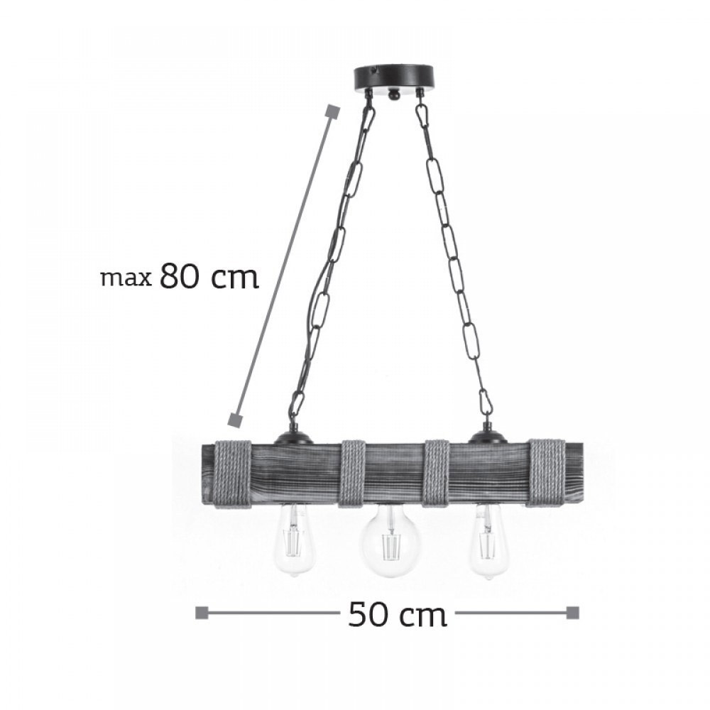 Triple hanging lamp made of chain with wood and rope