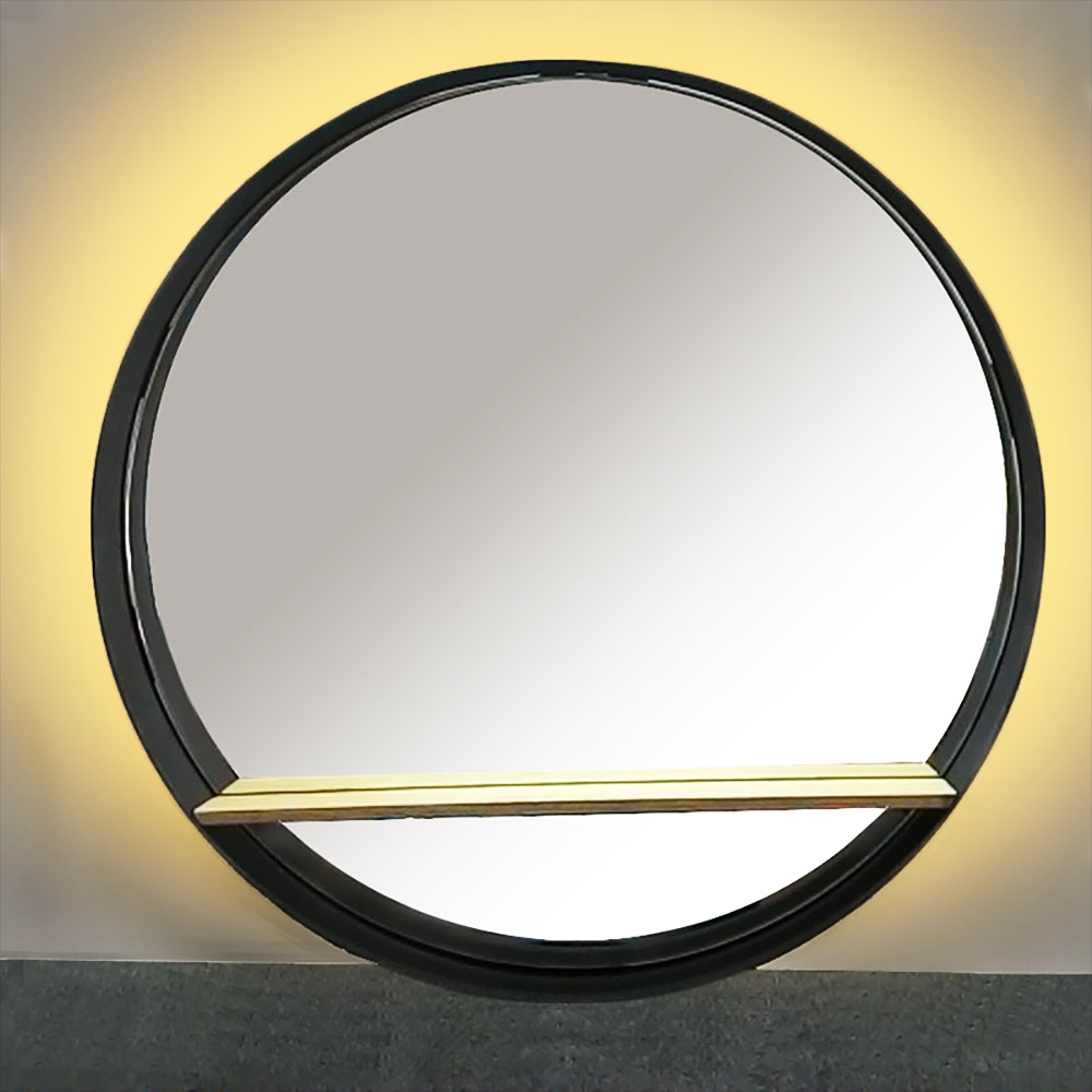 Round elliptical mirror Ø60cm - Ø70cm with steel blade and wooden shelf