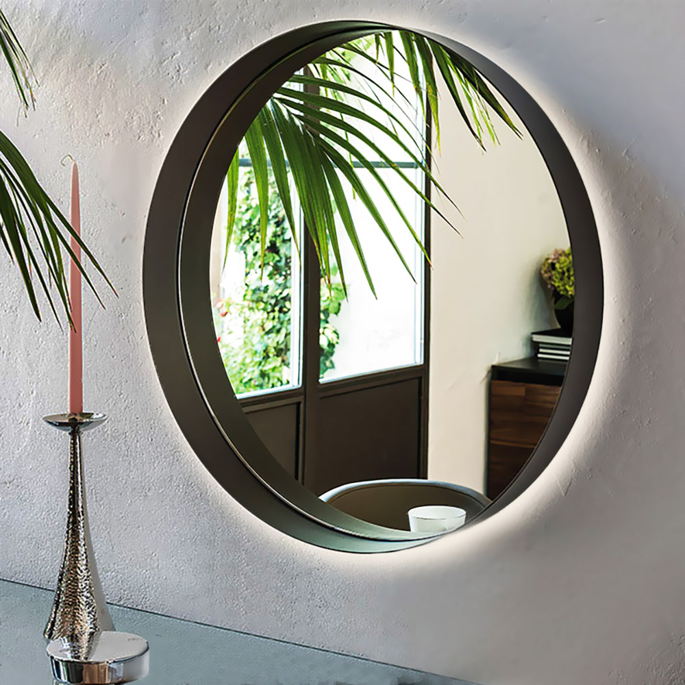 Round bathroom wall mirror Ø60cm - Ø80cm with black steel blade