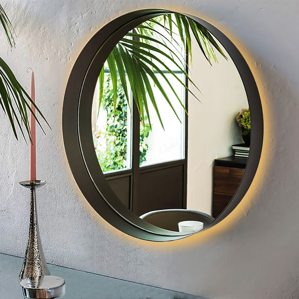 Round bathroom wall mirror Ø60cm - Ø80cm with black steel blade