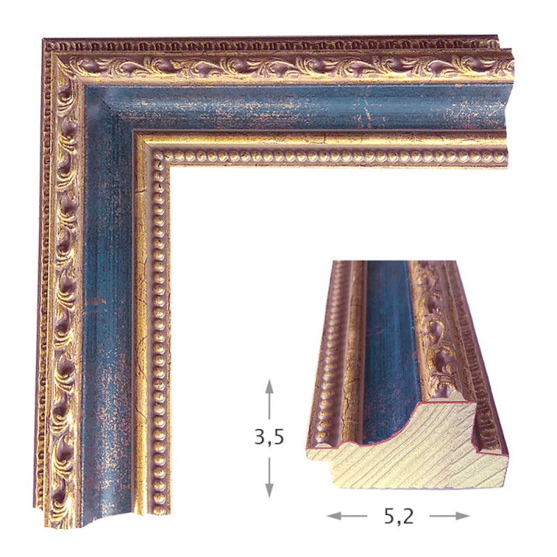 Mirror with carved wooden frame blue - gold 60x80cm