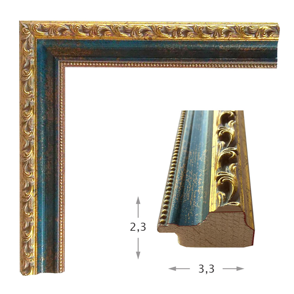 Mirror with golden wooden frame with blue patina 60x80cm