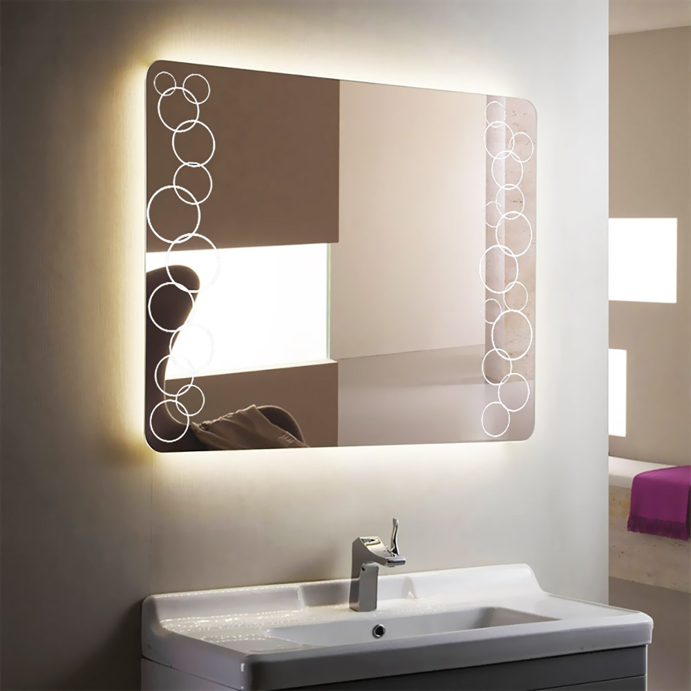 LED mirror 90x75cm rounded corners with bubble pattern