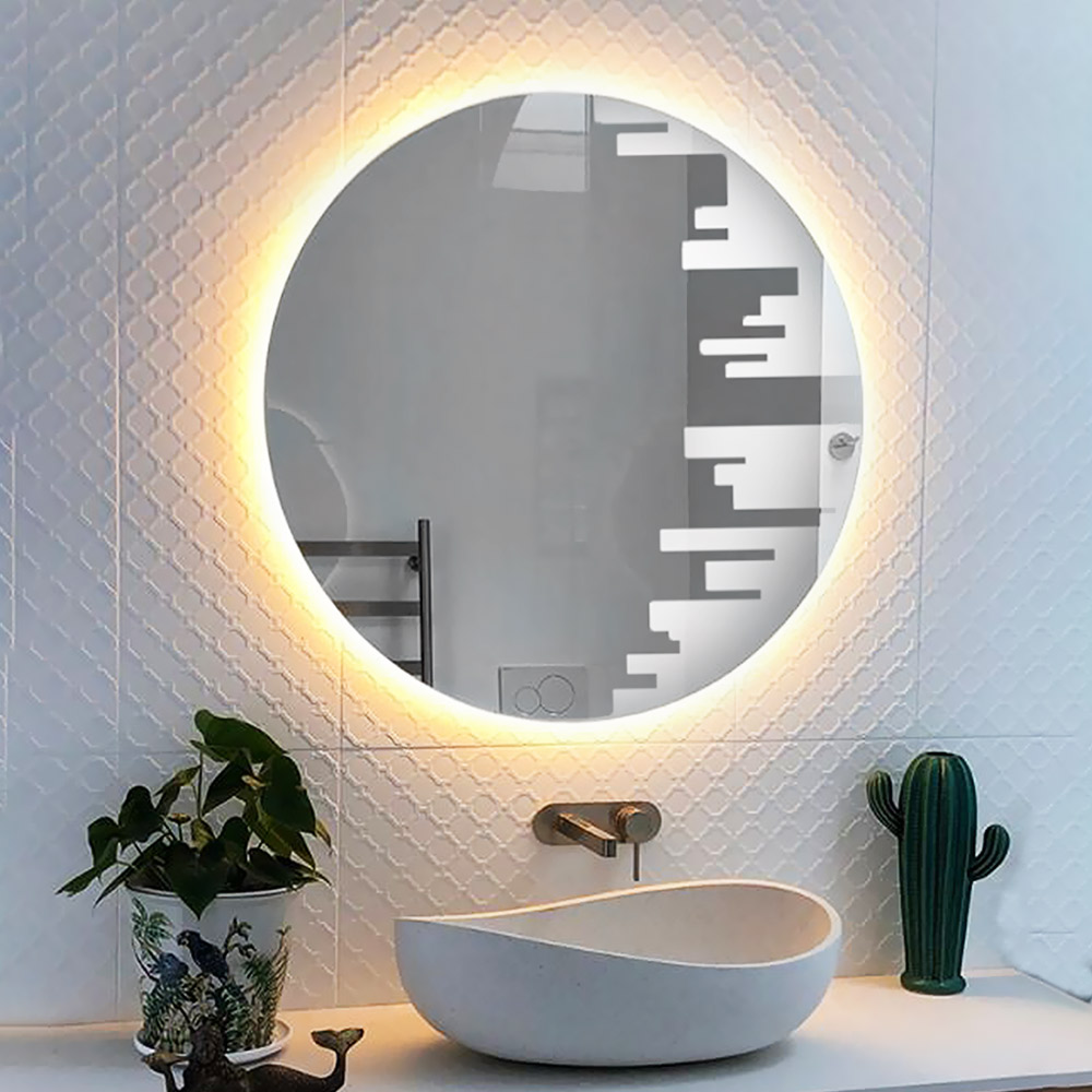 Led bathroom wall mirror round Φ80cm with sandblasting pattern