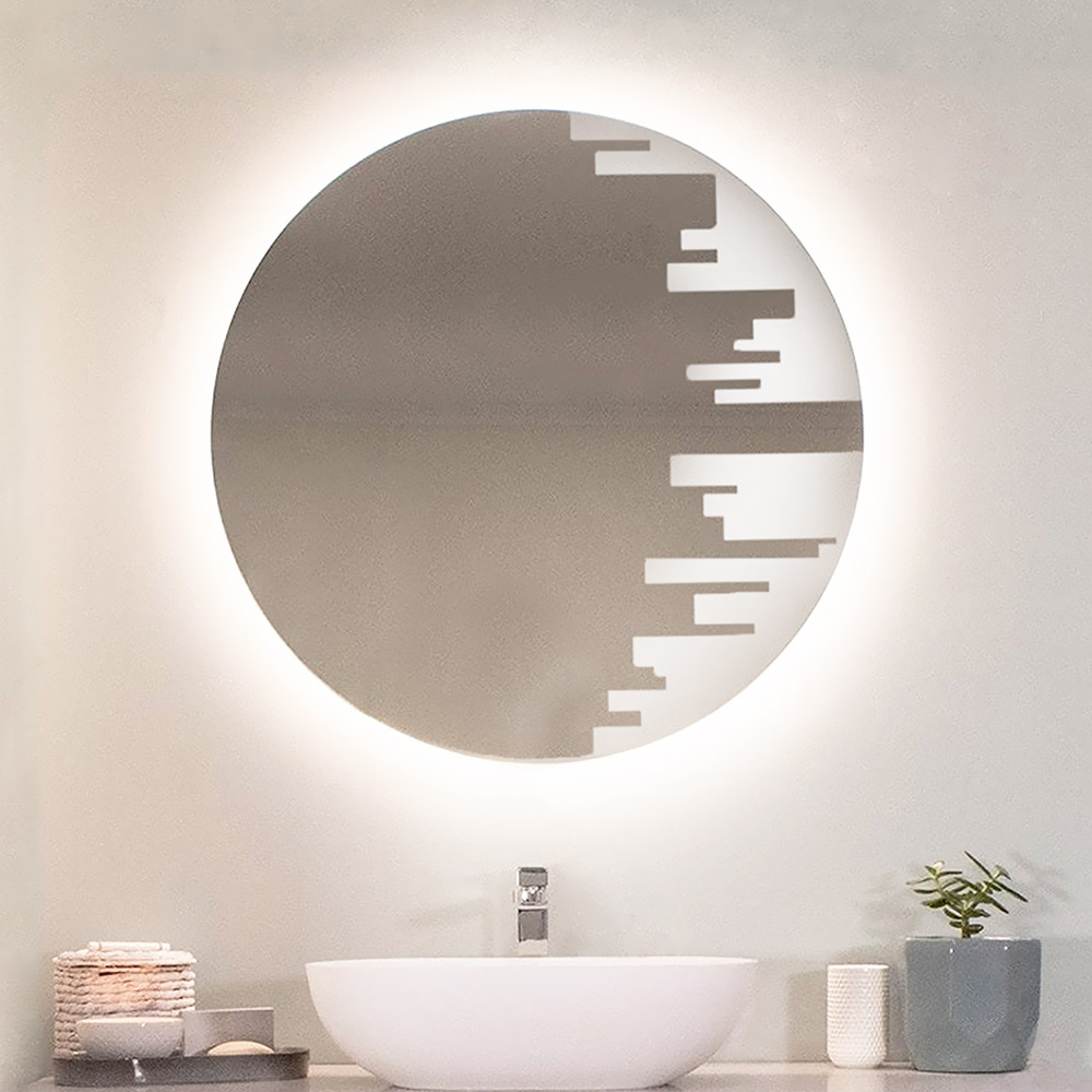 Led bathroom wall mirror round Φ80cm with sandblasting pattern