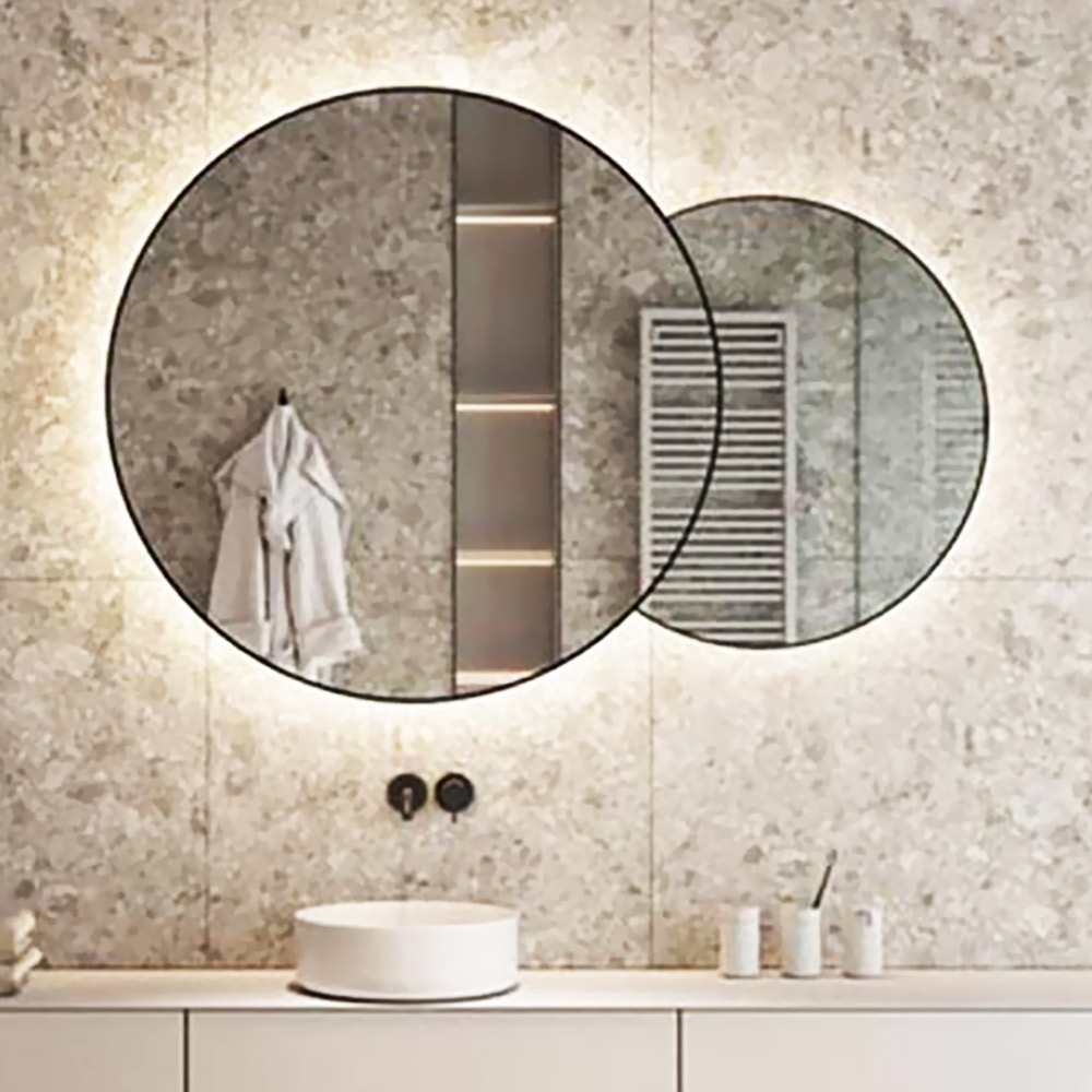 Composition of round LED mirrors Ø80cm and Ø60cm with paint border