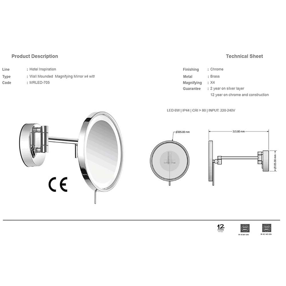 Led mirror Φ20cm Sanco magnifying round wall-mounted