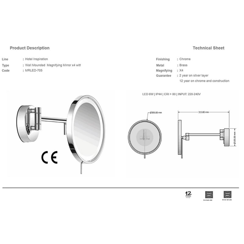 Led mirror Φ20cm Sanco magnifying round wall-mounted