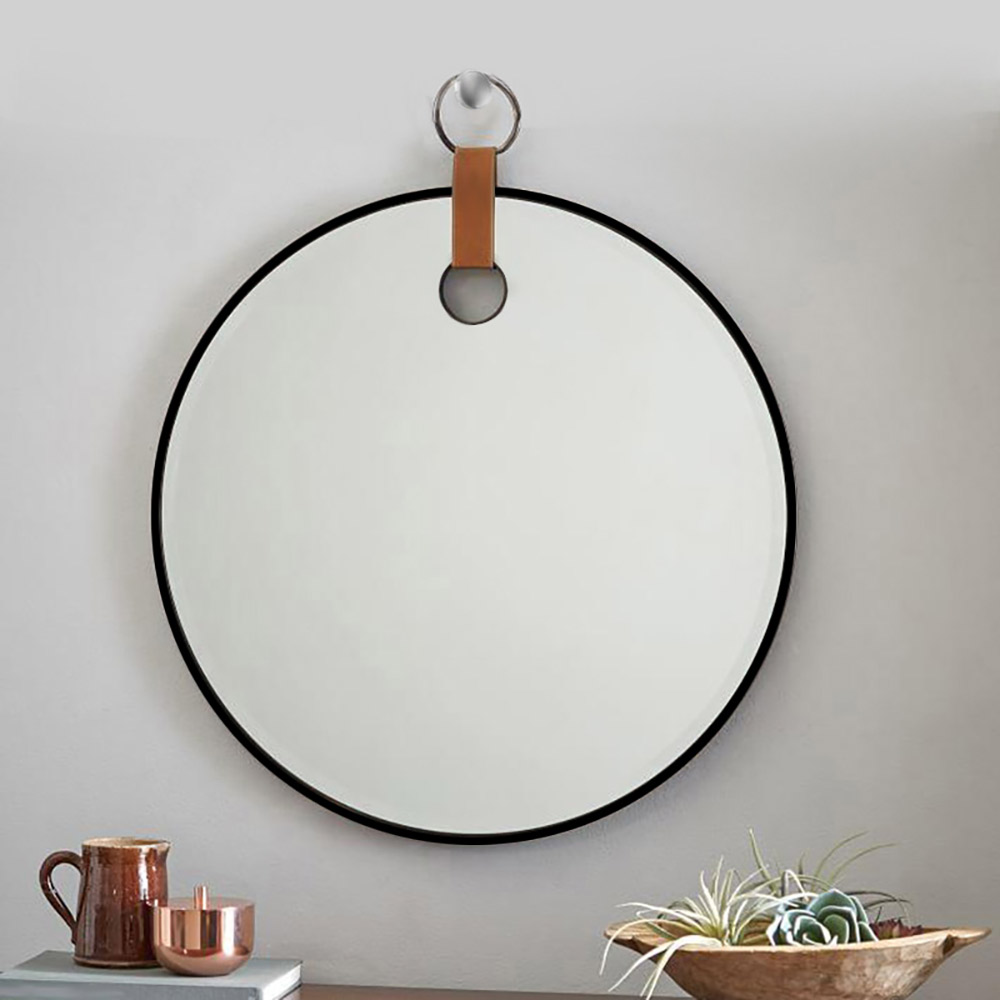 Round mirror Ø60cm - Ø90cm with paint border and leather strap